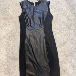 Calvin Klein Black Sleeveless Faux Leather Panel Midi Dress